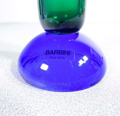 Coppia di candelieri in vetro soffiato, design Alfredo BARBINI. Murano, Anni 70