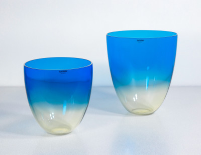 Coppia di vasi in vetro sonoro soffiato, design Alfredo BARBINI. Murano, Anni 70
