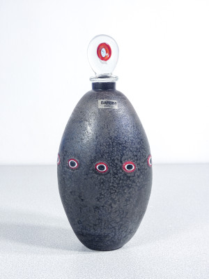Coppia di bottiglie della serie Scavo in vetro sonoro soffiato, design Alfredo BARBINI. Murano, Anni 70