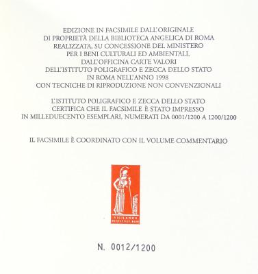 Edizione in facsimile del Nomina et virtutes balneorum, seu de Balneis Puteolanis del XII sec. Codice Angelico 1474. Numerato 12/1200 e certificato, con Commento ed espositore in plexiglass. Italia, 1998