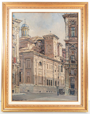 Dipinto a olio di Sergio ALBANO Piazza Carignano. Torino, 1961