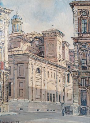 Dipinto a olio di Sergio ALBANO Piazza Carignano. Torino, 1961