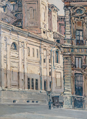 Dipinto a olio di Sergio ALBANO Piazza Carignano. Torino, 1961