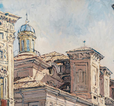 Dipinto a olio di Sergio ALBANO Piazza Carignano. Torino, 1961