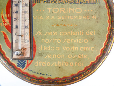 Insegna pubblicitaria della S. A. Carbonifera con termometro. METALGRAF. Italia, Primo Novecento