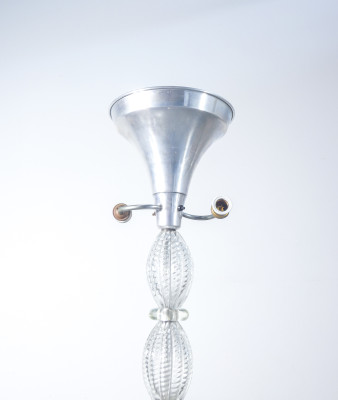 Lampada da terra a tre lumi in vetro soffiato BAROVIER & TOSO, fusto a elementi baccellati. Murano, Anni 40
