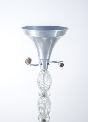 Lampada da terra a tre lumi in vetro soffiato BAROVIER & TOSO, fusto a elementi baccellati. Murano, Anni 40