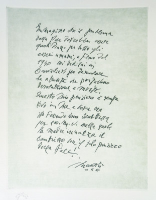 Pacem Te Poscimus Omnes, silloge di dichiarazioni sulla pace di importanti personalità, corredata da litografie di Giacomo MANZÙ. Numerata 44/250. Il Cigno Editore. Roma, 1989