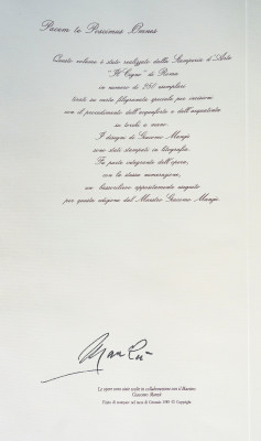 Pacem Te Poscimus Omnes, silloge di dichiarazioni sulla pace di importanti personalità, corredata da litografie di Giacomo MANZÙ. Numerata 44/250. Il Cigno Editore. Roma, 1989