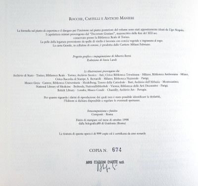Libro da collezione ROCCHE, CASTELLI e ANTICHI MANIERI Piemonte, con formella di Ugo NESPOLO. Edizione limitata e numerata 674/999. ARS Edizioni d'Arte. Italia, 1998
