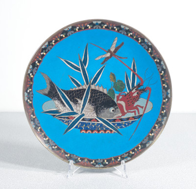 ?? ANTICO PIATTO GIAPPONE EPOCA MEIJI 1800 SMALTO CLOISONNE PESCE ARAGOSTA