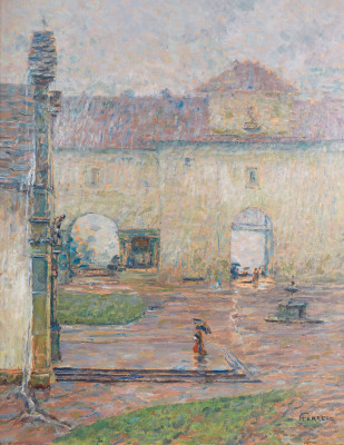 Quadro di Alberto FERRERO Piove al Santuario di Oropa. Olio su masonite. Italia, Prima metà del Novecento