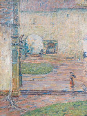 Quadro di Alberto FERRERO Piove al Santuario di Oropa. Olio su masonite. Italia, Prima metà del Novecento