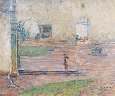 Quadro di Alberto FERRERO Piove al Santuario di Oropa. Olio su masonite. Italia, Prima metà del Novecento