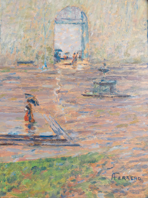 Quadro di Alberto FERRERO Piove al Santuario di Oropa. Olio su masonite. Italia, Prima metà del Novecento