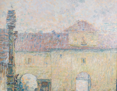 Quadro di Alberto FERRERO Piove al Santuario di Oropa. Olio su masonite. Italia, Prima metà del Novecento