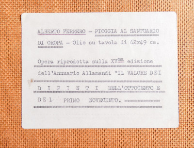 Quadro di Alberto FERRERO Piove al Santuario di Oropa. Olio su masonite. Italia, Prima metà del Novecento