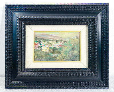 Quadro firmato di Alberto SALIETTI Paesaggio ligure, tecnica mista su cartoncino, in bella cornice guilloché. Italia, Prima metà del Novecento