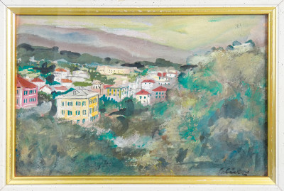 Quadro firmato di Alberto SALIETTI Paesaggio ligure, tecnica mista su cartoncino, in bella cornice guilloché. Italia, Prima metà del Novecento