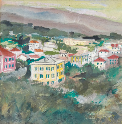 Quadro firmato di Alberto SALIETTI Paesaggio ligure, tecnica mista su cartoncino, in bella cornice guilloché. Italia, Prima metà del Novecento