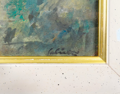 Quadro firmato di Alberto SALIETTI Paesaggio ligure, tecnica mista su cartoncino, in bella cornice guilloché. Italia, Prima metà del Novecento
