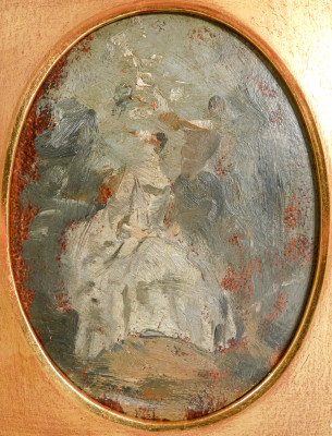 Dipinto a olio su tavola Dama e ancella. Primo Novecento