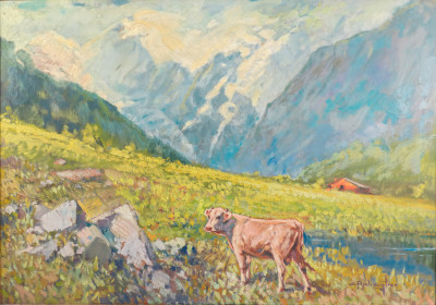 Dipinto a olio su tela di Cesare BENTIVOGLIO, Paesaggio montano. Italia, Prima metà del Novecento