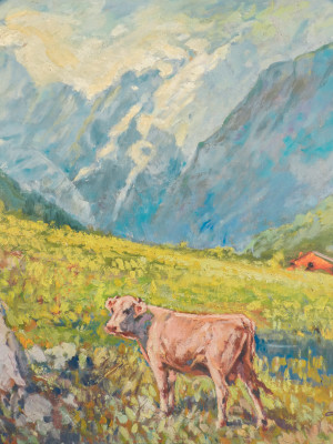 Dipinto a olio su tela di Cesare BENTIVOGLIO, Paesaggio montano. Italia, Prima metà del Novecento