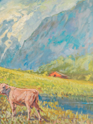 Dipinto a olio su tela di Cesare BENTIVOGLIO, Paesaggio montano. Italia, Prima metà del Novecento