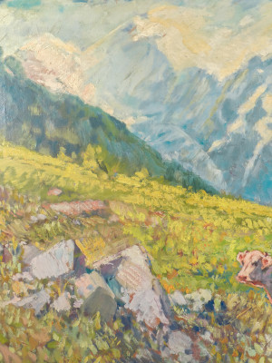 Dipinto a olio su tela di Cesare BENTIVOGLIO, Paesaggio montano. Italia, Prima metà del Novecento