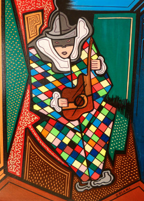 Dipinto firmato Pippo ORIANI, Arlecchino. Olio su tela. Italia, Anni 60