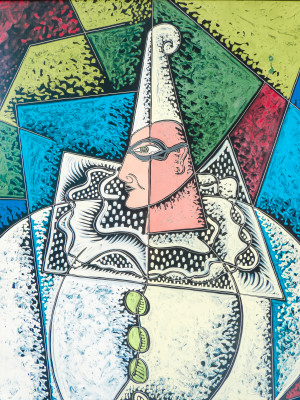 Dipinto firmato Pippo ORIANI, Pulcinella. Encausto-grafito su cartone gessato. Italia, Anni 60