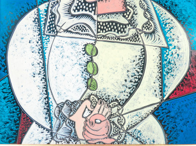 Dipinto firmato Pippo ORIANI, Pulcinella. Encausto-grafito su cartone gessato. Italia, Anni 60