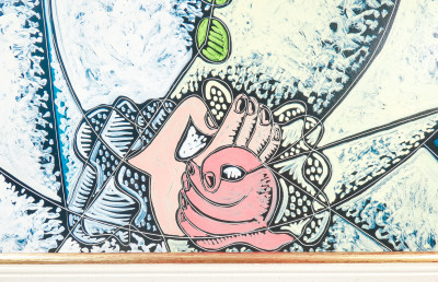 Dipinto firmato Pippo ORIANI, Pulcinella. Encausto-grafito su cartone gessato. Italia, Anni 60
