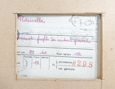 Dipinto firmato Pippo ORIANI, Pulcinella. Encausto-grafito su cartone gessato. Italia, Anni 60