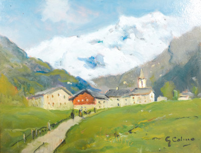 Dipinto a olio su tavola di Giovanni COLMO, Baite in montagna. Italia, Anni 20/40
