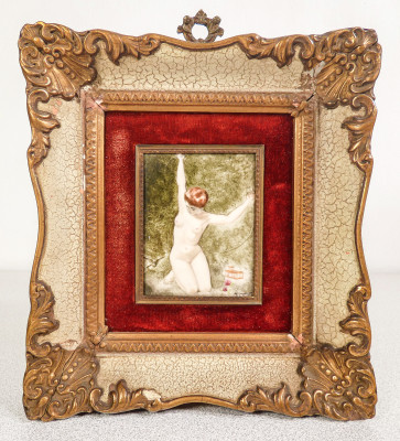 Dipinto su ceramica Nudo di donna, miniatura con cornice. Italia, Primo Novecento