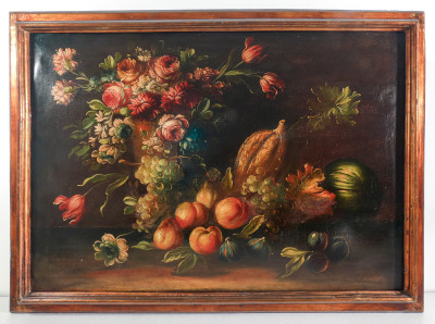 ?? QUADRO NATURA MORTA FIORI FRUTTI UVA VITE DIPINTO OLIO TELA EPOCA 1900