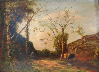 Dipinto a olio su tavola di Vittorio BUSSOLINO, Paesaggio campestre. Italia, Fine Ottocento