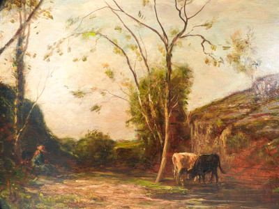 Dipinto a olio su tavola di Vittorio BUSSOLINO, Paesaggio campestre. Italia, Fine Ottocento