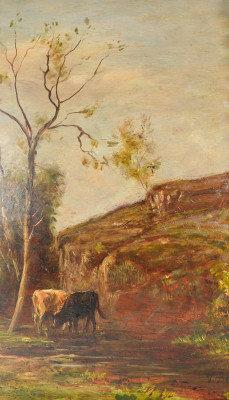 Dipinto a olio su tavola di Vittorio BUSSOLINO, Paesaggio campestre. Italia, Fine Ottocento
