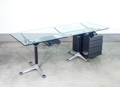 ?? SCRIVANIA DESIGN BRUCE BURDICK PER HERMAN MILLER TAVOLO VETRO ALLUMINIO 1980S