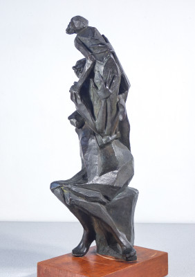 Scultura in bronzo, Madre con due bambini, firmata alla base. Italia, Metà Novecento