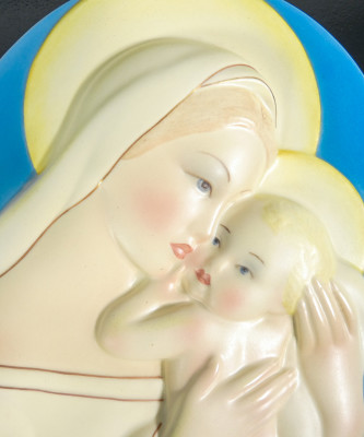 Medaglione in ceramica Madonna con Bambino, LENCI con firma AJA. Torino, Anni 30