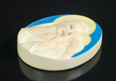Medaglione in ceramica Madonna con Bambino, LENCI con firma AJA. Torino, Anni 30