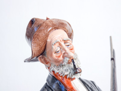 Scultura in ceramica dipinta a mano Giuseppe CAPPÉ, Cacciatore con cane, lepre e pipa. Italia, Anni 50