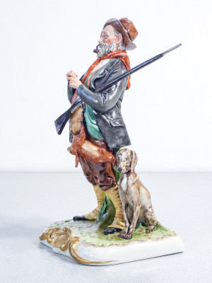 Scultura in ceramica dipinta a mano Giuseppe CAPPÉ, Cacciatore con cane, lepre e pipa. Italia, Anni 50